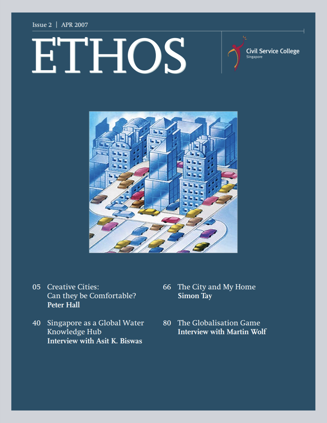 Cover of ETHOS magazine featuring an illustration of a cityscape with high-rise buildings and colorful cars.